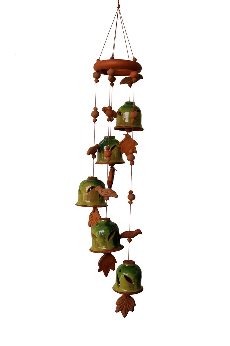 DEVICE OF ESVAR STONECRAFT ...EVERY STROY IS UNIQUE EVERY HOME IS DIFFERENT..... ES ESVAR STONECRAFT Terracotta Ceramic Coated Green Wind Chimes with Five Bells of Ring Design Handmade Craft with Melodious Sound Bells60cm Long - Image 5