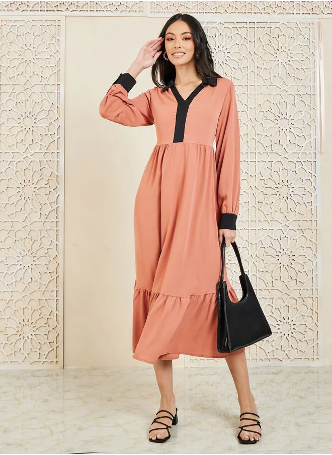 Styli Contrast Trim Collared Shift Midi Dress