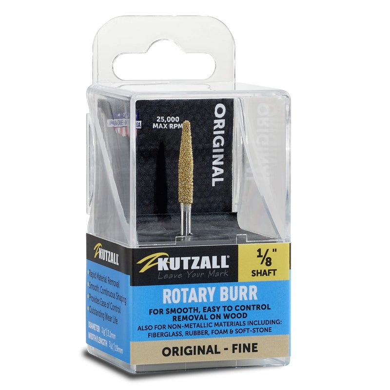 Kutzall Original Taper Rotary Burr, 1â„8" Shaft, Fine -Wood Carving Bit for Dremel, Foredom, DeWalt, Milwaukee. Abrasive Tungsten Carbide, 1â„8" (3.1mm) Head Dia. X 7â„8" (22.2mm) Length, T-18-EG - Image 1