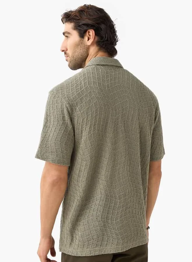 Iconic Iconic Textured Camp Collar Shirt with Short Sleeves