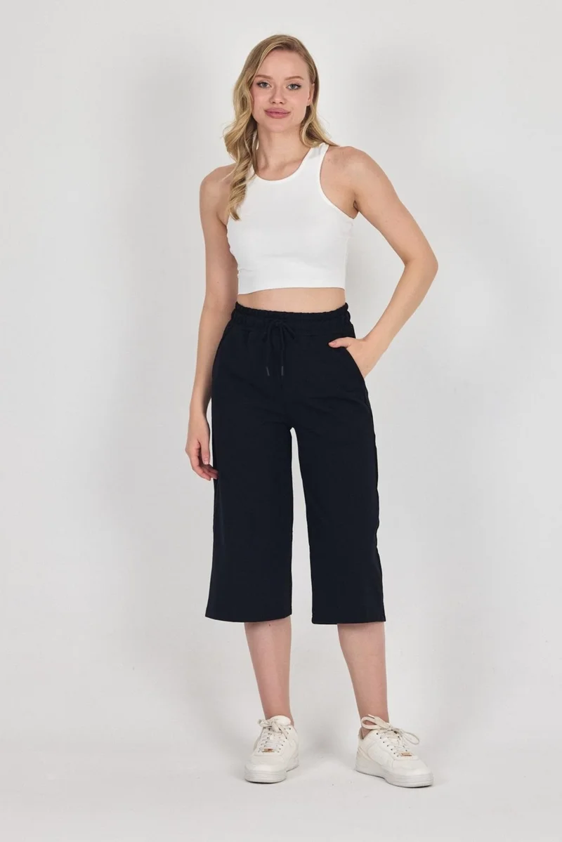 ميتاليك High Waist Pocketed Relaxed Cut Seasonal Women's Below Knee 3-Pack Bermuda Black-Navy-Anthracite Capri Shorts