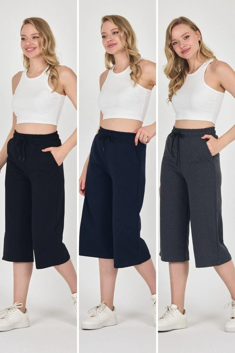 ميتاليك High Waist Pocketed Relaxed Cut Seasonal Women's Below Knee 3-Pack Bermuda Black-Navy-Anthracite Capri Shorts
