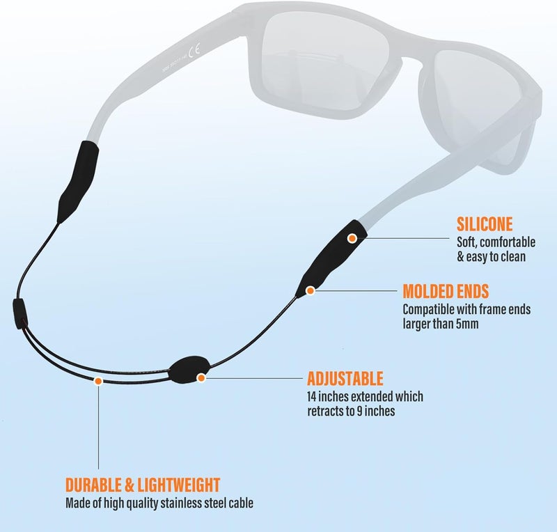 AEC Cable Zips Adjustable Sports Sunglasses Strap Eyeglasses Lanyard Retainer No Tail Anti Slip Glasses Holder Cord (1, Black, 14IN) - Image 5