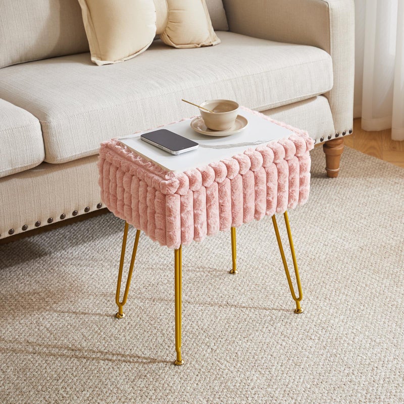 IBUYKE Rectangle Vanity Chair with Storage Space, Footrest Footstool Ottoman, Vanity Stool, Dressing Table Chair, with Anti-Slip Feet, for Makeup Room, Bedroom, Square Grid Pattern, Pink WBD004P - Image 4