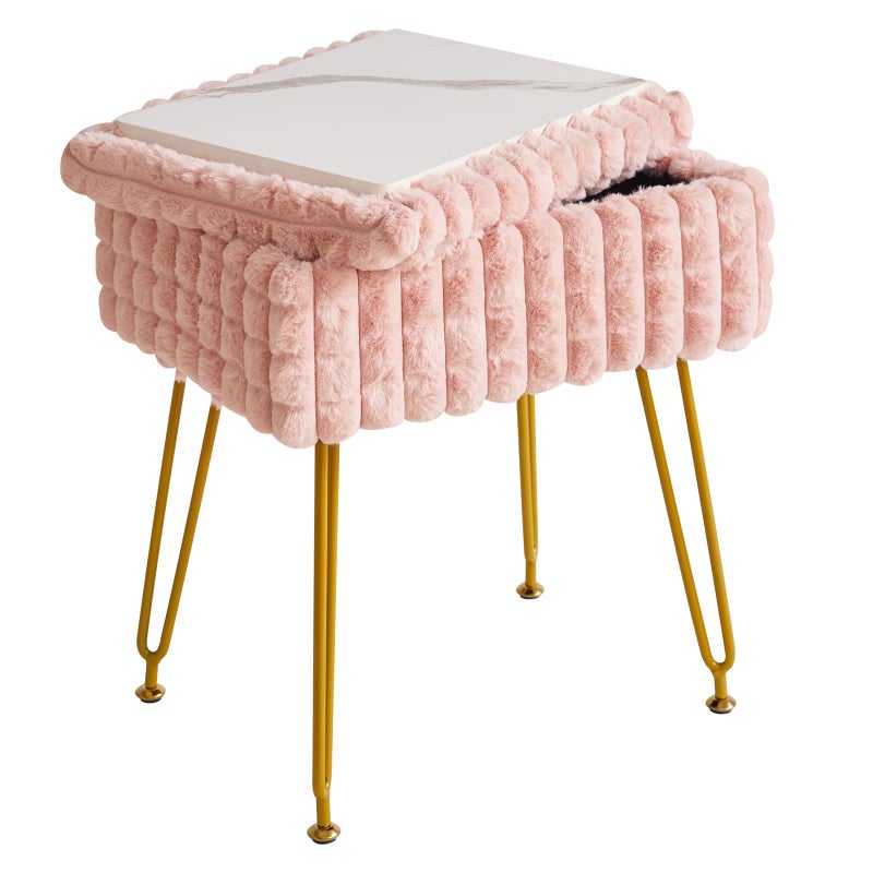 IBUYKE Rectangle Vanity Chair with Storage Space, Footrest Footstool Ottoman, Vanity Stool, Dressing Table Chair, with Anti-Slip Feet, for Makeup Room, Bedroom, Square Grid Pattern, Pink WBD004P - Image 1