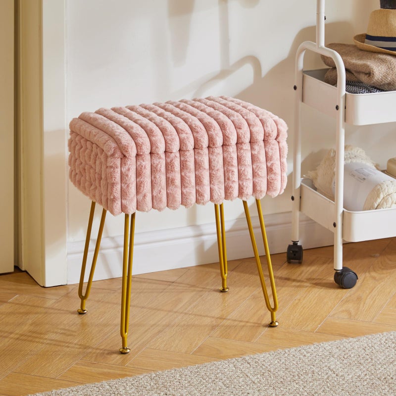 IBUYKE Rectangle Vanity Chair with Storage Space, Footrest Footstool Ottoman, Vanity Stool, Dressing Table Chair, with Anti-Slip Feet, for Makeup Room, Bedroom, Square Grid Pattern, Pink WBD004P - Image 3