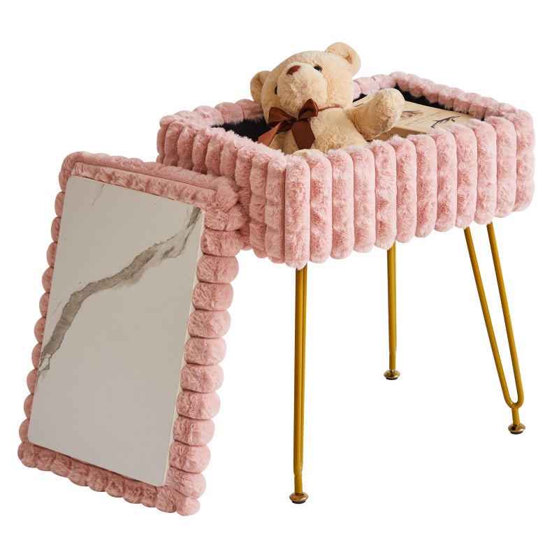 IBUYKE Rectangle Vanity Chair with Storage Space, Footrest Footstool Ottoman, Vanity Stool, Dressing Table Chair, with Anti-Slip Feet, for Makeup Room, Bedroom, Square Grid Pattern, Pink WBD004P - Image 2