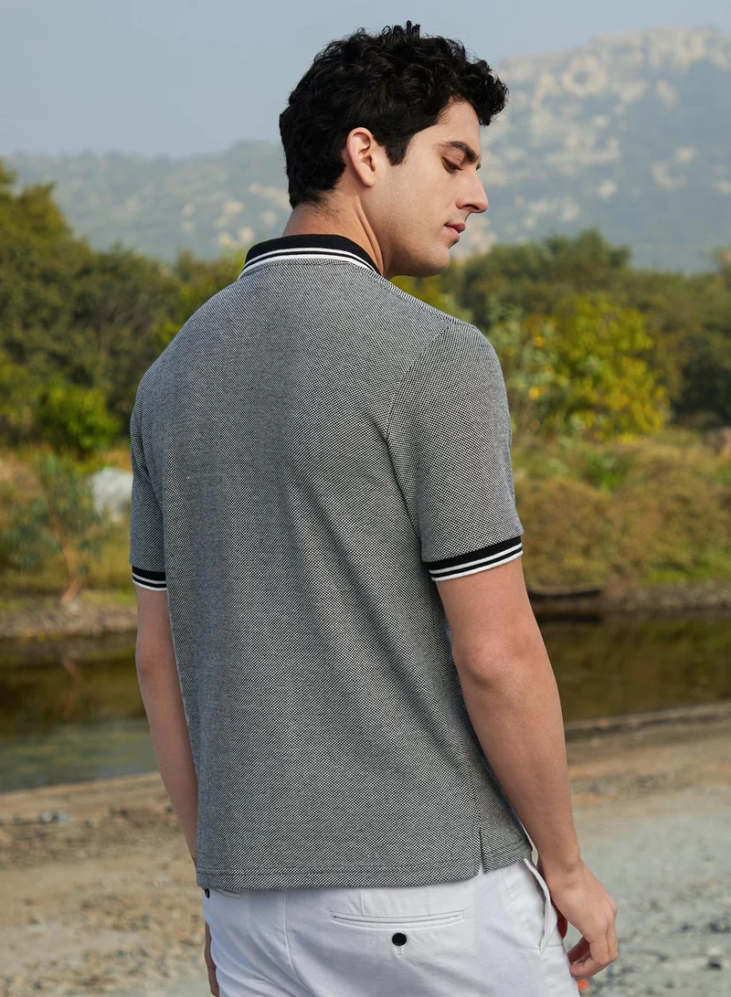 Campus Sutra Men's Onyx Black Duo-Hue Knit Polo T-Shirt