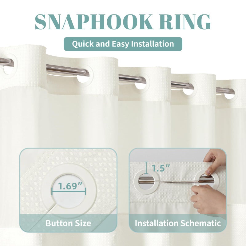 eachope Cream No Hook Waffle Weave Shower Curtain with snap-in Liner Replacement, 230GSM Waterproof Fabric Hotel Shower Curtain Set for Bathroom, Through Mesh Top Window,71Wx74H - Image 4