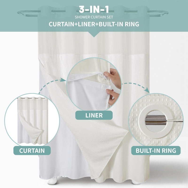 eachope Cream No Hook Waffle Weave Shower Curtain with snap-in Liner Replacement, 230GSM Waterproof Fabric Hotel Shower Curtain Set for Bathroom, Through Mesh Top Window,71Wx74H - Image 2