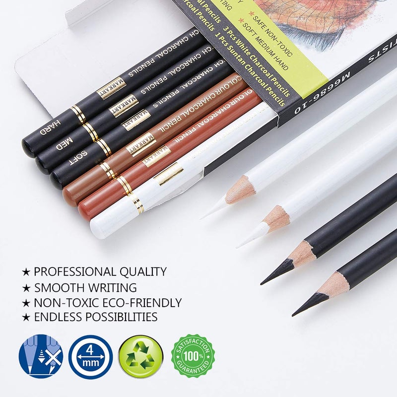 MARKART Professional Colored Charcoal Pencils Drawing Set, 10 Pieces Black White Charcoal Pencils for Sketching, Shading, Blending, Pastel Chalk Pencils for Beginners & Artists - Image 2