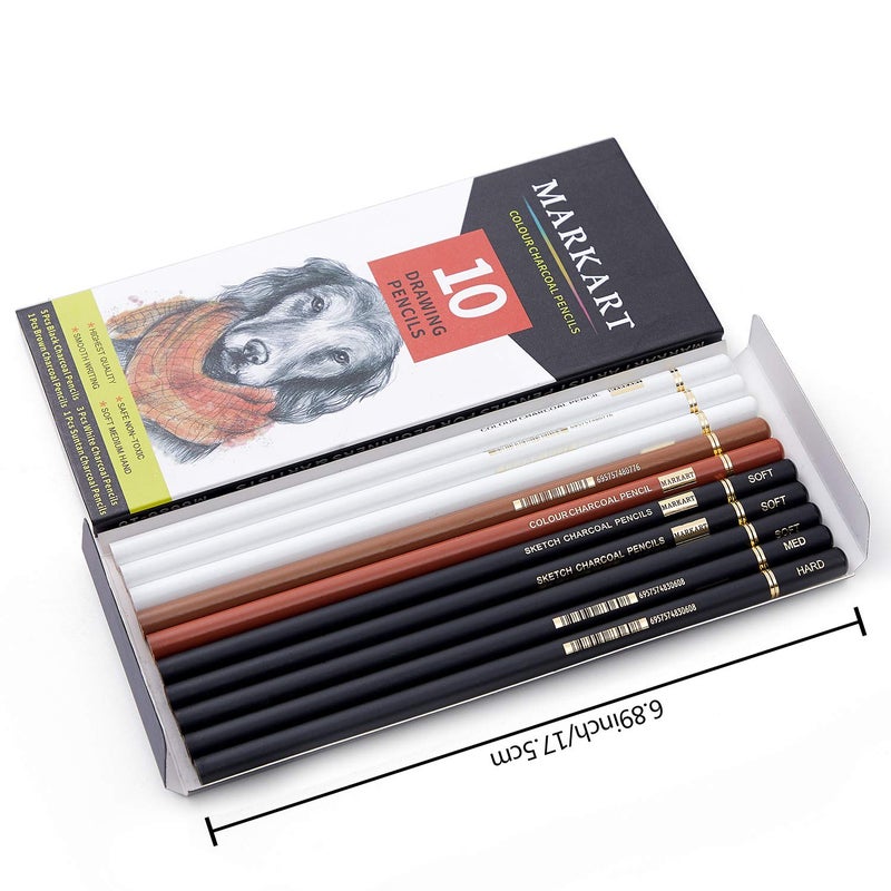 MARKART Professional Colored Charcoal Pencils Drawing Set, 10 Pieces Black White Charcoal Pencils for Sketching, Shading, Blending, Pastel Chalk Pencils for Beginners & Artists - Image 5