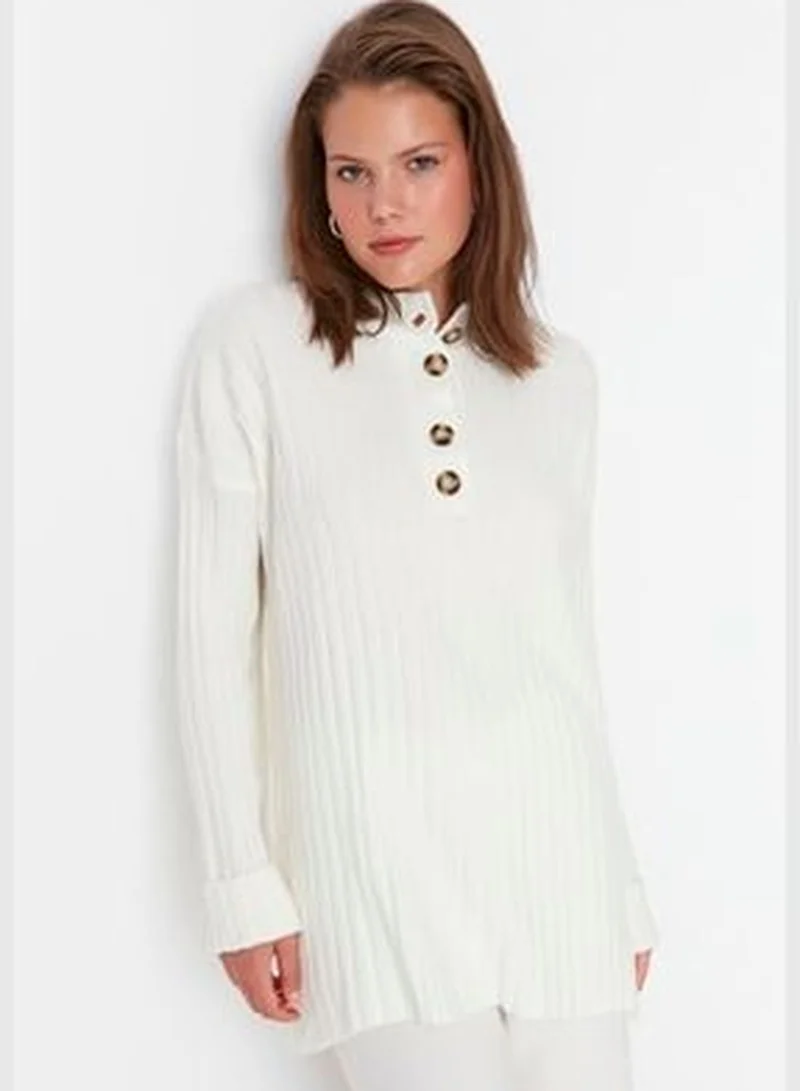 trendyol Ecru Collar with Buttons, Corduroy Knitwear Sweater TCTAW23AK00035