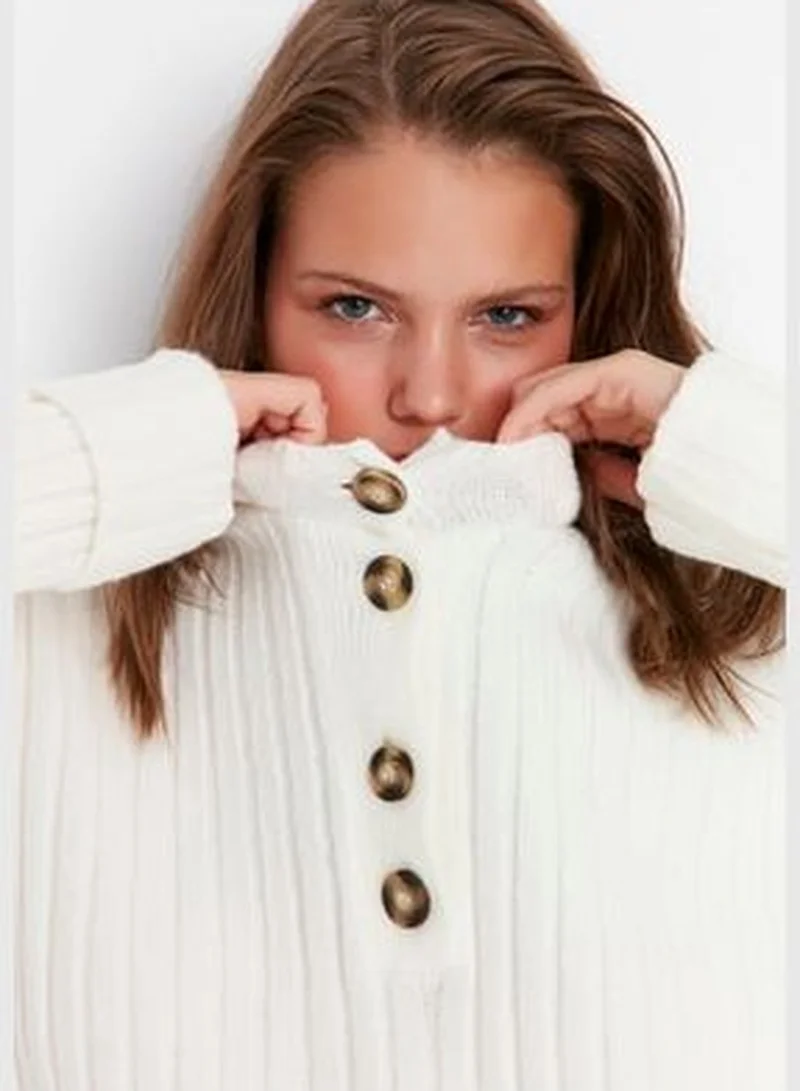 trendyol Ecru Collar with Buttons, Corduroy Knitwear Sweater TCTAW23AK00035