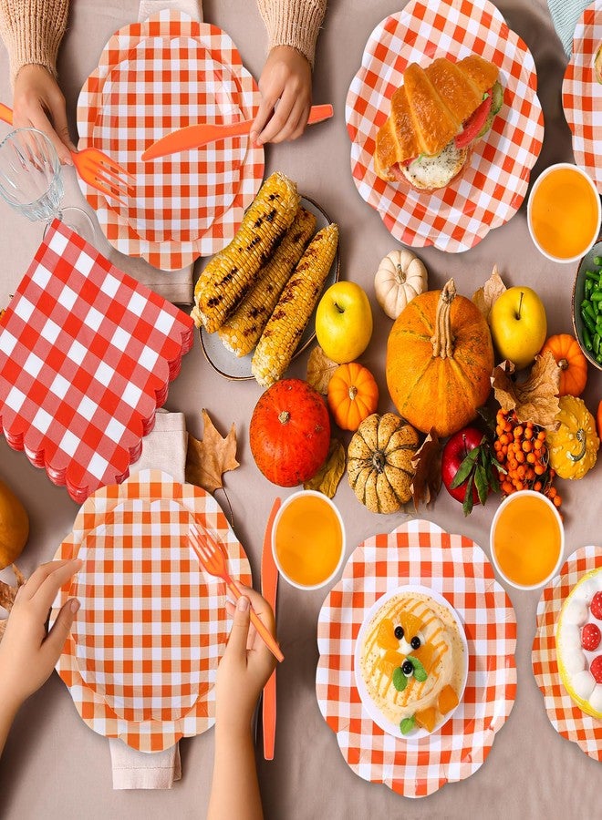 Funnymoom 400 Pcs Gingham Party Supplies for 50 Guests Orange and White Paper Plates and Napkins Knives Spoon Fork Cup Disposable Checkered Dinner Party Set Cutlery for Baby Shower Wedding Favor - Image 5