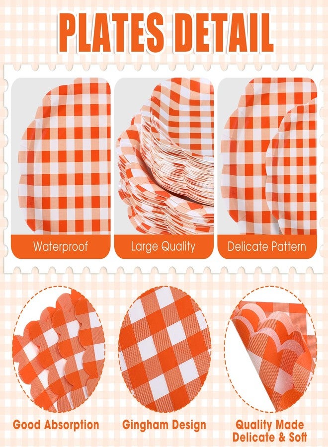 Funnymoom 400 Pcs Gingham Party Supplies for 50 Guests Orange and White Paper Plates and Napkins Knives Spoon Fork Cup Disposable Checkered Dinner Party Set Cutlery for Baby Shower Wedding Favor - Image 2