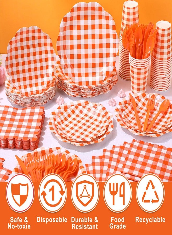 Funnymoom 400 Pcs Gingham Party Supplies for 50 Guests Orange and White Paper Plates and Napkins Knives Spoon Fork Cup Disposable Checkered Dinner Party Set Cutlery for Baby Shower Wedding Favor - Image 4