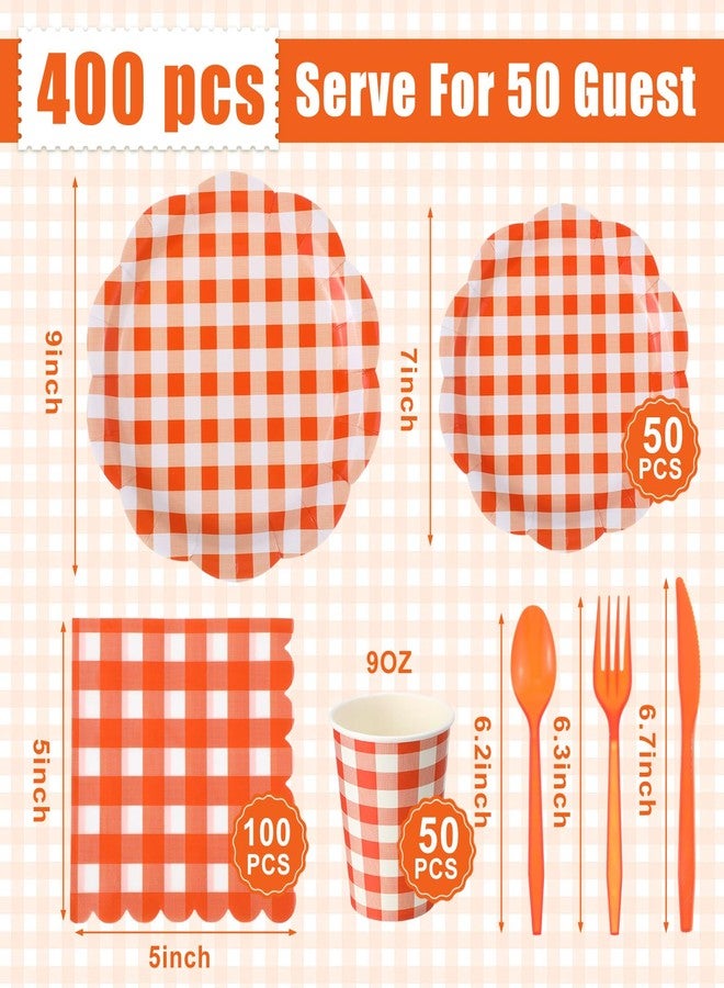 Funnymoom 400 Pcs Gingham Party Supplies for 50 Guests Orange and White Paper Plates and Napkins Knives Spoon Fork Cup Disposable Checkered Dinner Party Set Cutlery for Baby Shower Wedding Favor - Image 3