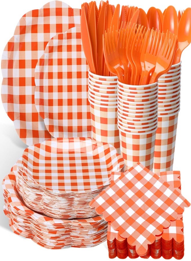 Funnymoom 400 Pcs Gingham Party Supplies for 50 Guests Orange and White Paper Plates and Napkins Knives Spoon Fork Cup Disposable Checkered Dinner Party Set Cutlery for Baby Shower Wedding Favor - Image 1