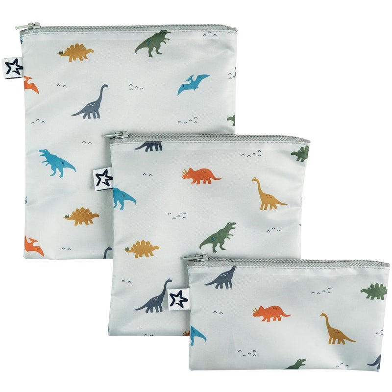Tiny Twinkle Reusable Snack Bags for Kids – 3 Pack Snack Pouches & Sandwich Bag for Toddlers – Machine Washable, Mess-Proof for Lunch & Travel (Dinosaur) - Image 1