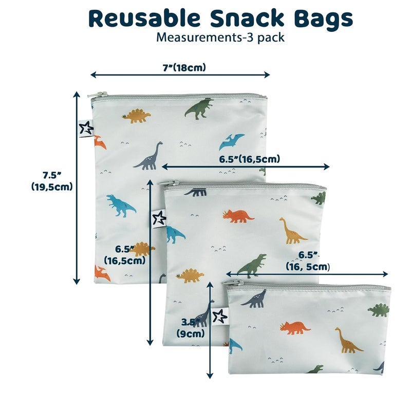 Tiny Twinkle Reusable Snack Bags for Kids – 3 Pack Snack Pouches & Sandwich Bag for Toddlers – Machine Washable, Mess-Proof for Lunch & Travel (Dinosaur) - Image 2
