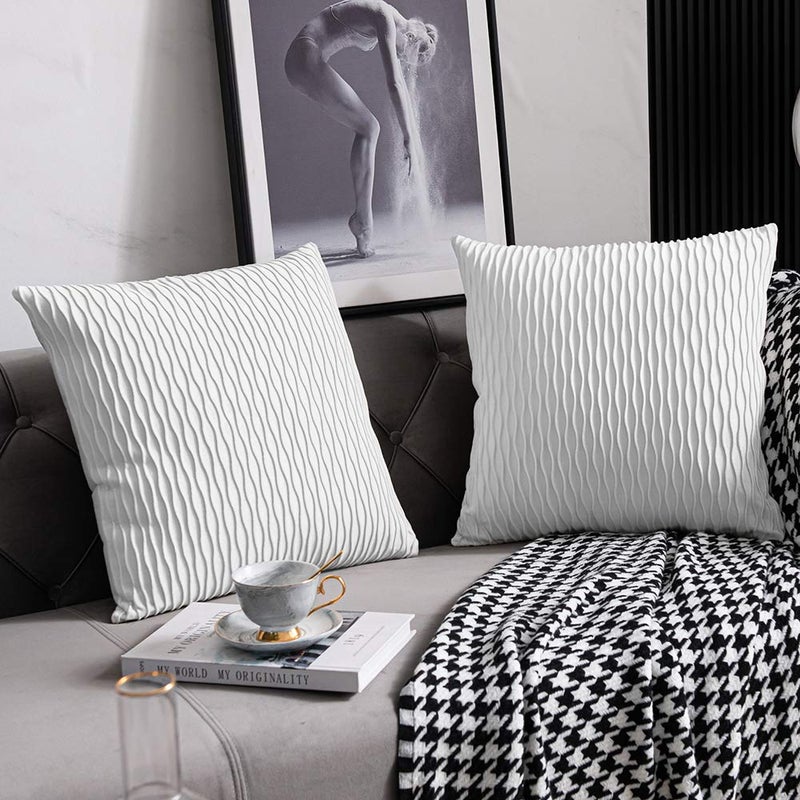 DEZENE White Striped Couch Pillow Cases 2 Pack 16x16 Inch Original Velvet Square Throw Pillow Covers for Farmhouse Home Decor