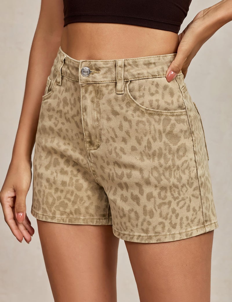 luvamia Jean Shorts for Women Denim High Waisted Shorts Women Cheetah Leopard Animal Print Stretchy Denim Summer Casual Jorts Khaki Leopard Size Medium Fits US 8-10 - Image 2