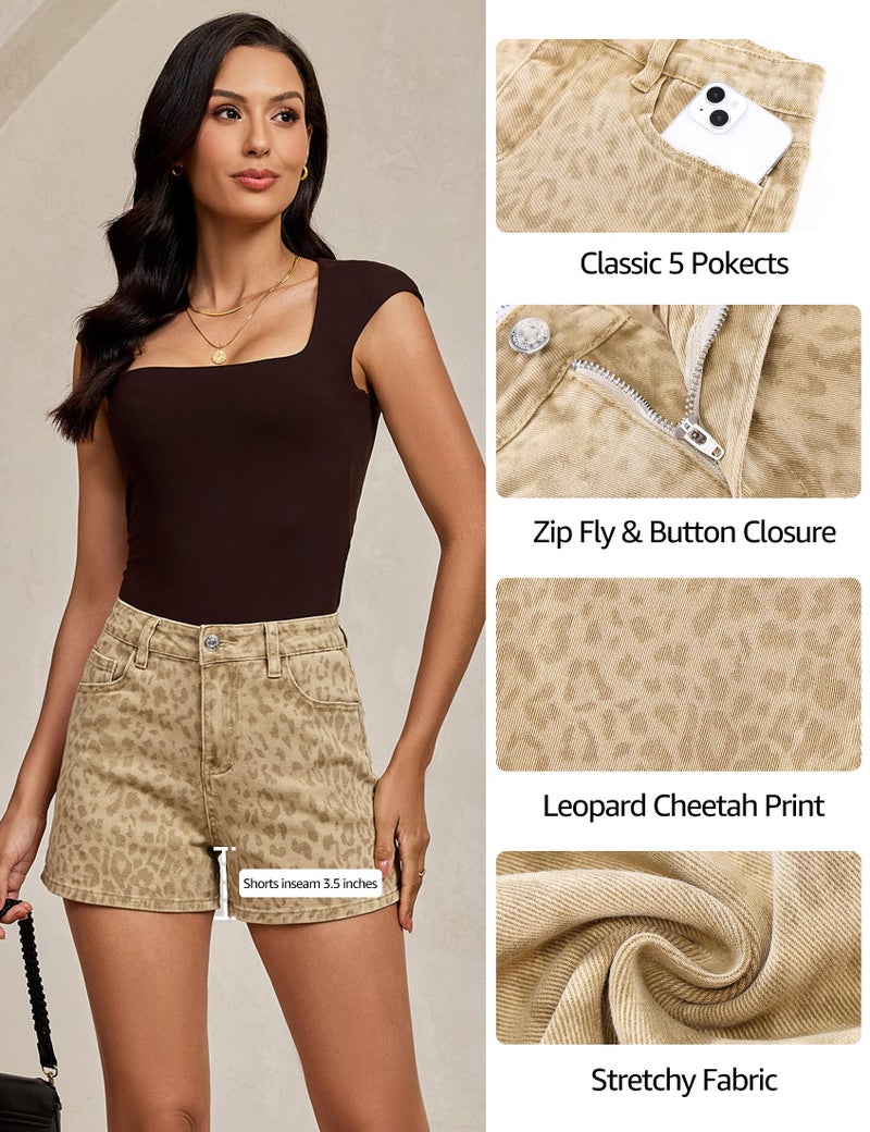 luvamia Jean Shorts for Women Denim High Waisted Shorts Women Cheetah Leopard Animal Print Stretchy Denim Summer Casual Jorts Khaki Leopard Size Medium Fits US 8-10 - Image 4