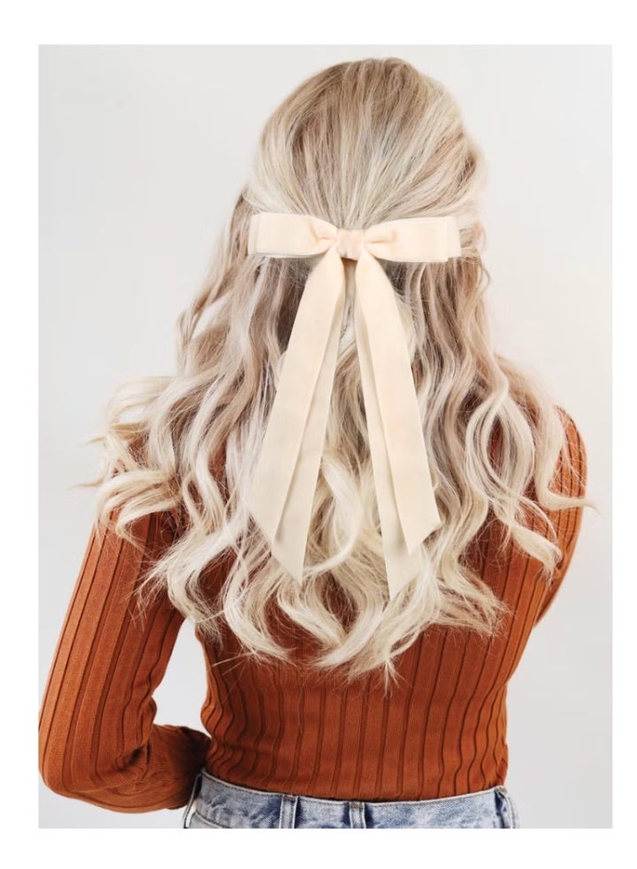 2-Pieces Velvet Ribbon Ponytail Bow Hair Clip Hair Accessories for Women Girls Teens (Beige+Black) - Image 5