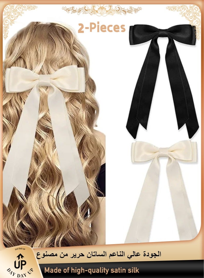 2-Pieces Velvet Ribbon Ponytail Bow Hair Clip Hair Accessories for Women Girls Teens (Beige+Black) - Image 1