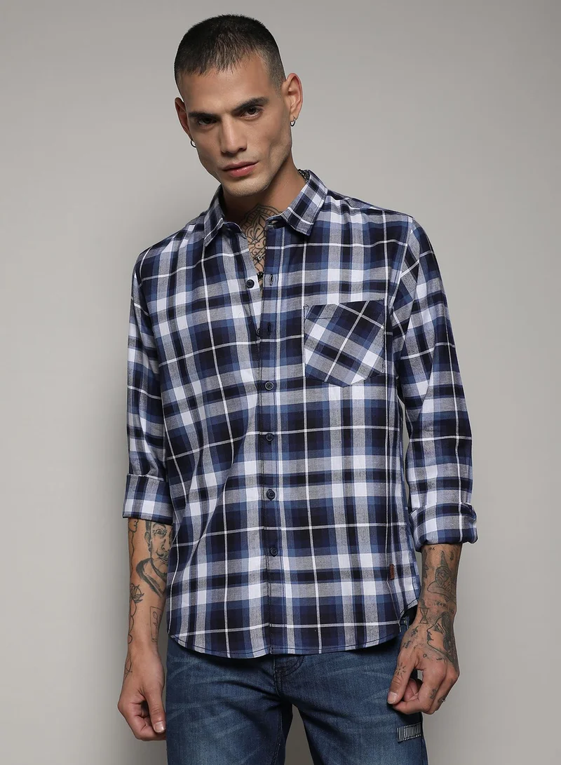 Men's Navy Blue Tartan Plaid Shirt For Casual Wear | Spread Collar | Long Sleeve | Button Closure | Cotton Shirt Crafted With Comfort Fit For Everyday Wear