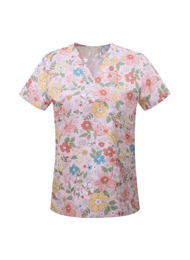 Loquat Womens Medical Scrubs Single Top Medical Uniform Single Printed Top Chrysanthemum Print on Pink Background - Image 1