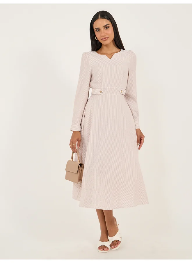Styli Styli Beige Striped A-Line Midi Dress