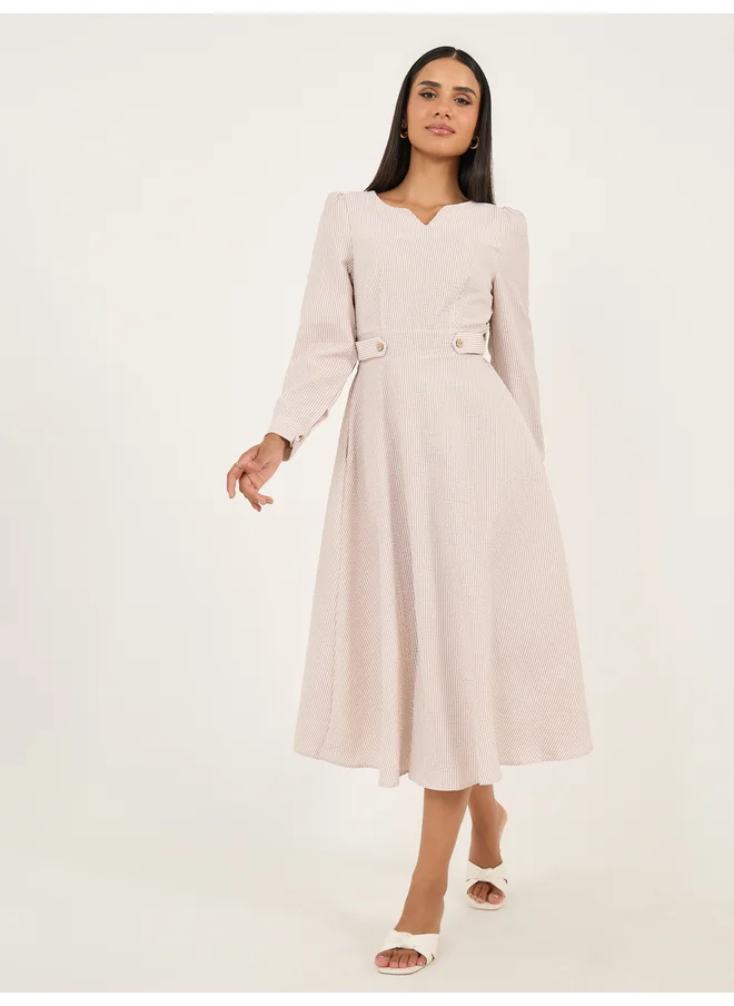 Styli Styli Beige Striped A-Line Midi Dress