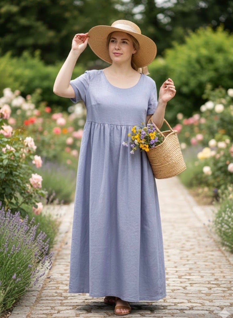 SOLOBUY Dress, Belgium Europe Linen 100%, Maxi, Sleeves Short, Loose Fit 1 Piece - Image 1