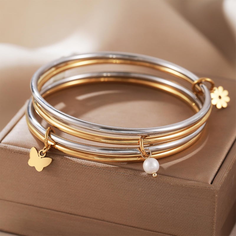 DS Bangle Bracelets for Women 18K Gold Plated Stainless Steel Layering Glossy Stackable Thin Round Wire Cuff Bangle Bracelets Dainty Solid Polished Bracelet Minimalist Jewelry Best Gifts for Love - Image 3