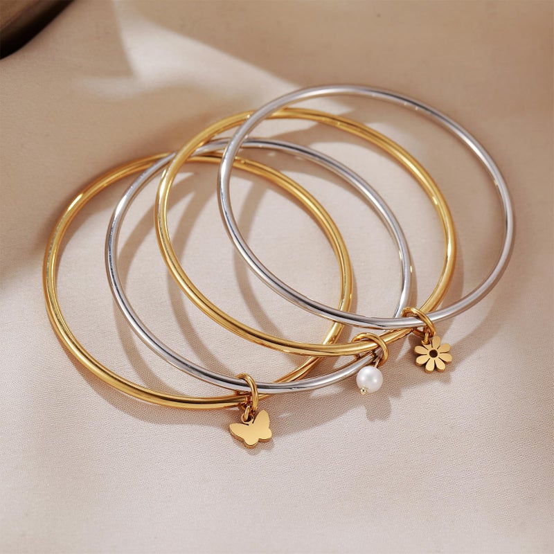 DS Bangle Bracelets for Women 18K Gold Plated Stainless Steel Layering Glossy Stackable Thin Round Wire Cuff Bangle Bracelets Dainty Solid Polished Bracelet Minimalist Jewelry Best Gifts for Love - Image 4