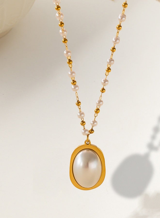 DAEVO Gold Plated Oval Pearl Pendant Necklace Daily Office Formal Gift Jewelry - Image 3