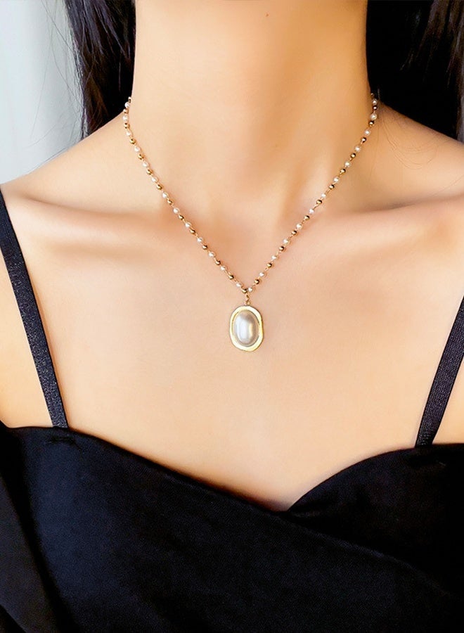 DAEVO Gold Plated Oval Pearl Pendant Necklace Daily Office Formal Gift Jewelry - Image 2