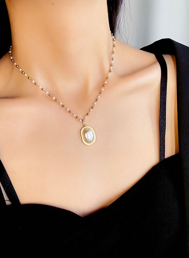 DAEVO Gold Plated Oval Pearl Pendant Necklace Daily Office Formal Gift Jewelry - Image 1