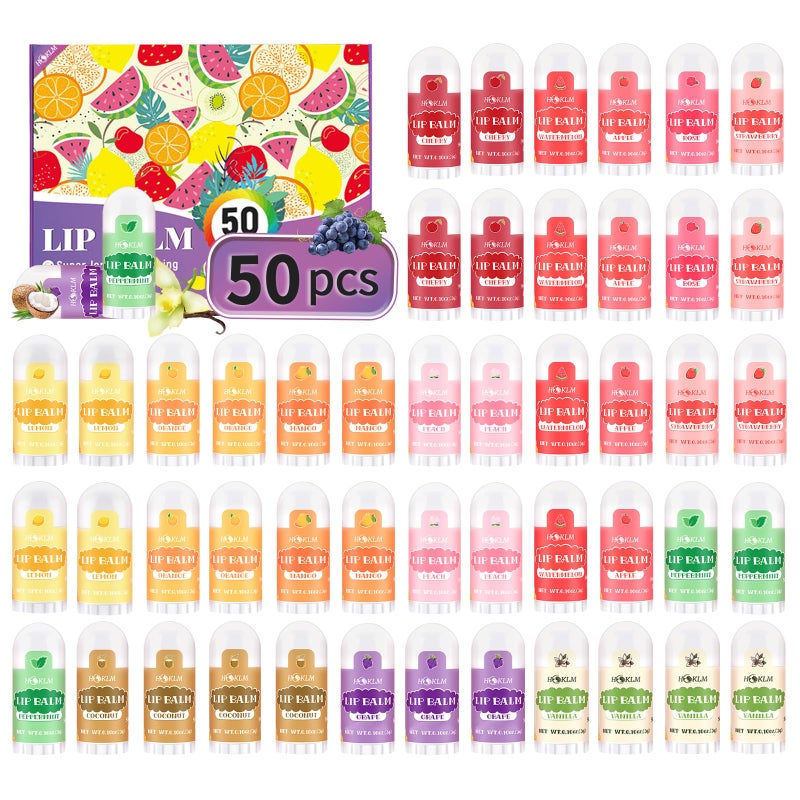 HCKLM Mini Lip Balm 50 Pack, Natural Lip Balms with Vitamin E and Coconut Oil. Moisturizes for Dry Lips, Perfect for Christmas Gifts, Party Favors, Gift Bags and Small Gifts-13 Flavors - Image 1