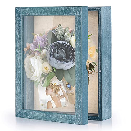 Love-KANKEI Shadow Box Frame 8x10 Shadow Box Display Case with Linen Back Memorabilia Awards Medals Photos Memory Box Gift Rustic Blue - Image 1