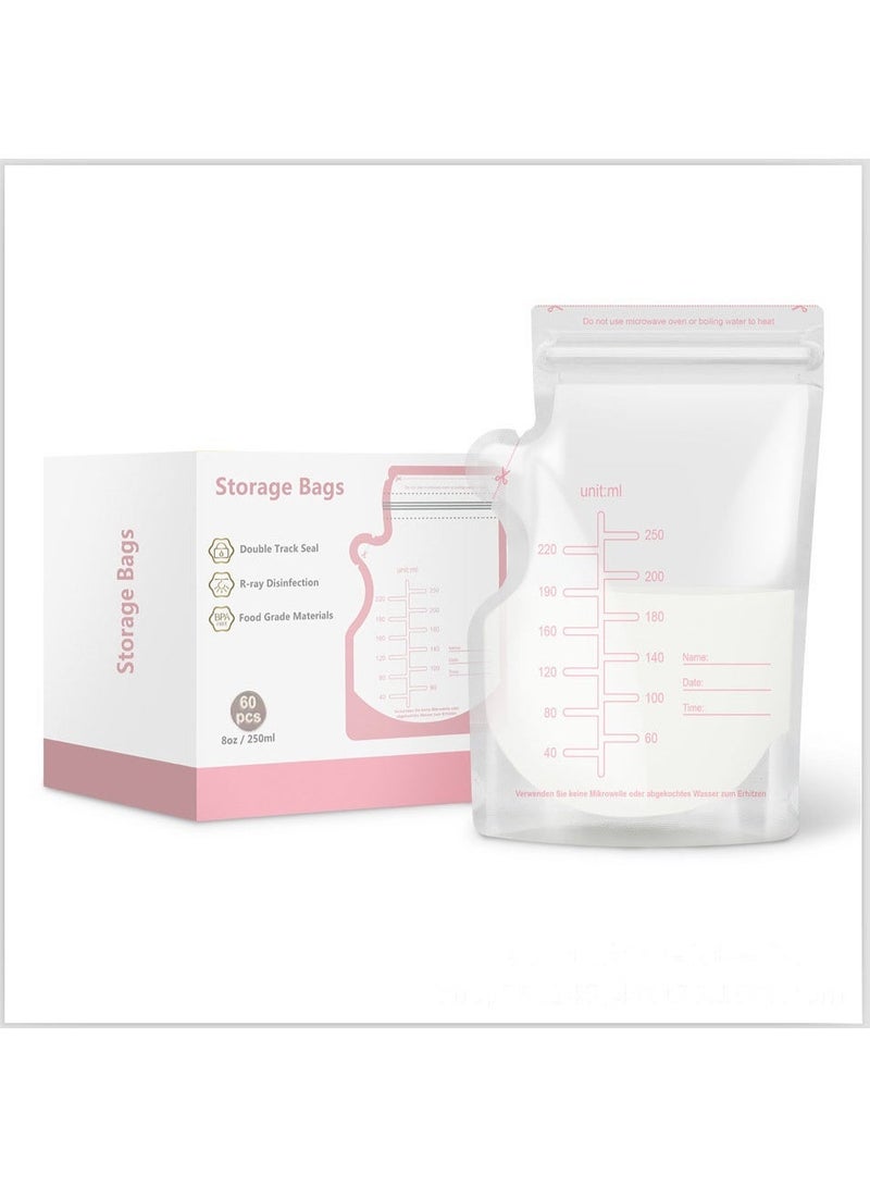 Hirospace 60PCS Breast Milk Storage Bags, Self Standing Disposable Milk Bags, Leak-Proof Freezer Pouches, 250ml Capacity - Image 1