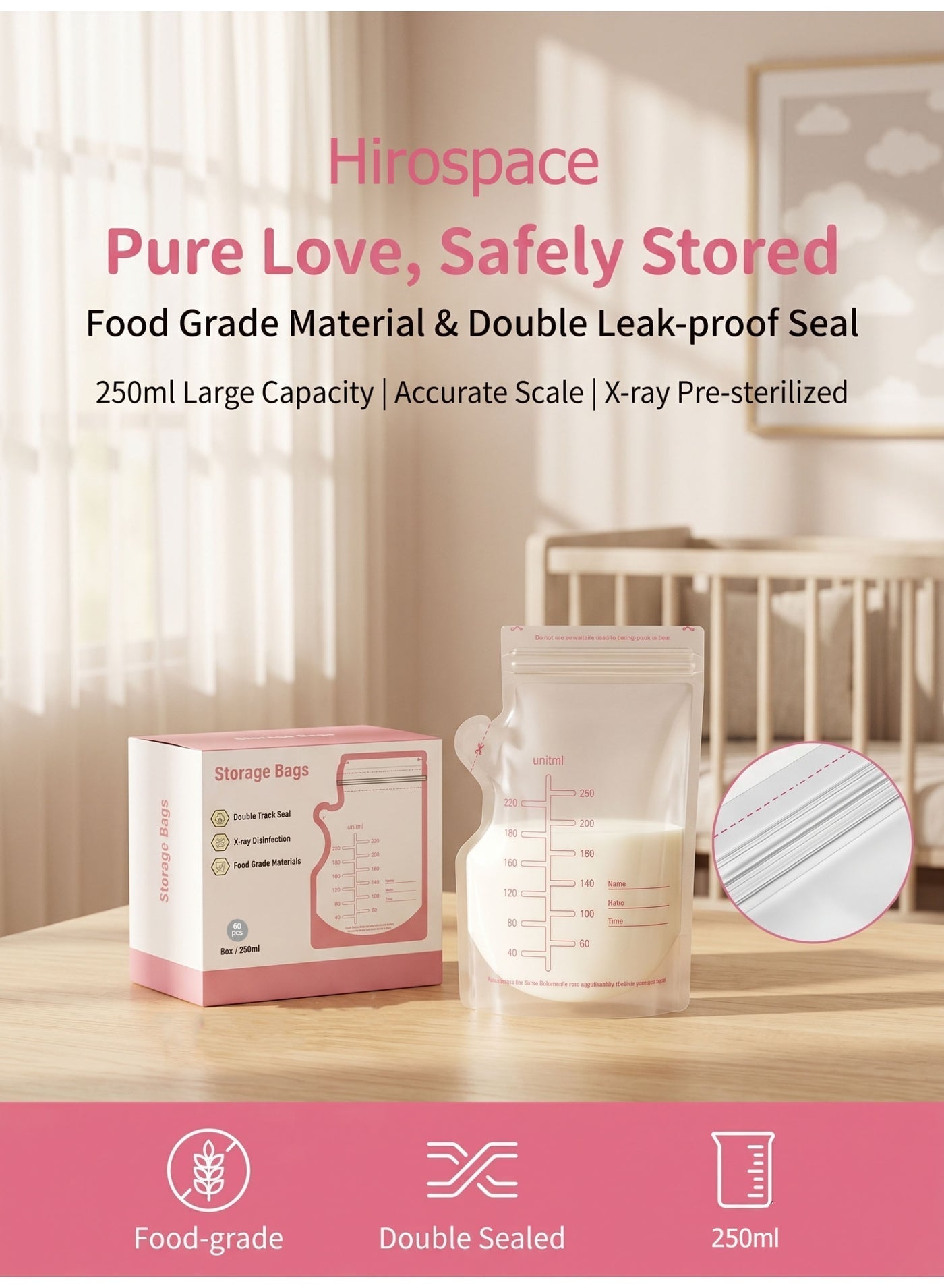 Hirospace 60PCS Breast Milk Storage Bags, Self Standing Disposable Milk Bags, Leak-Proof Freezer Pouches, 250ml Capacity