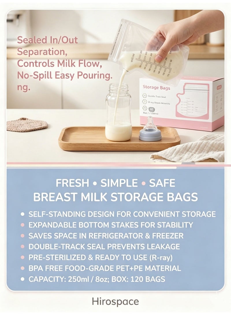 Hirospace 60PCS Breast Milk Storage Bags, Self Standing Disposable Milk Bags, Leak-Proof Freezer Pouches, 250ml Capacity - Image 5