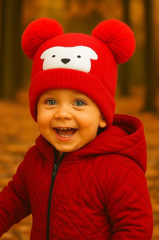 Krystle Kids Winter Bear Beanie Hat (Red,1-4 Years) - Image 3
