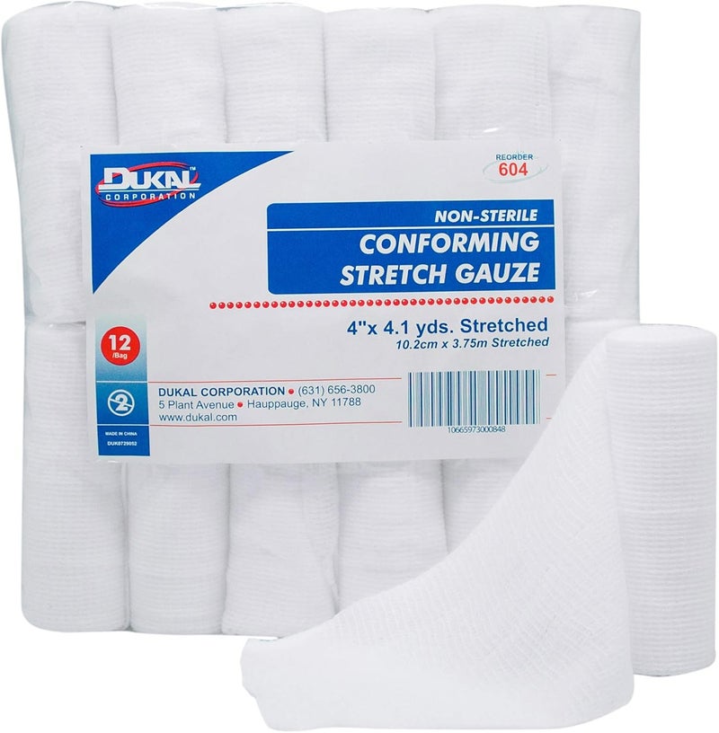 Dukal 604 Conforming Stretch Gauze, Non-Sterile, 4" Width x 4.1 Yard Length, Pack of 96