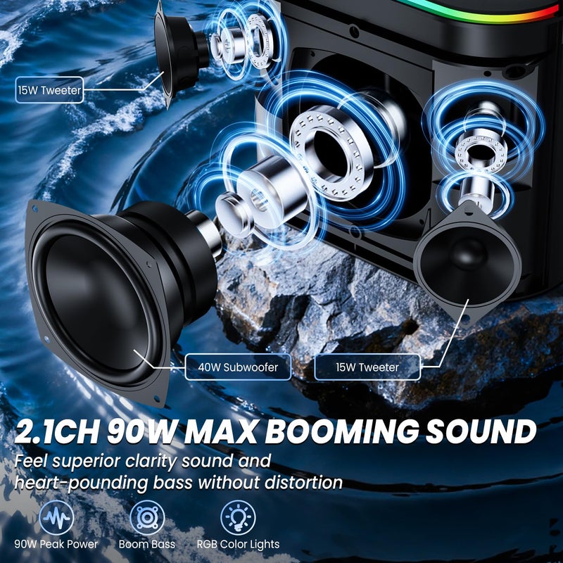BESTISAN Bluetooth Speakers 2.1CH with 90W Max & 50W Subwoofer, Stereo Loud Sound, 7 RGB Lights, 15H Playtime, Hands-Free Calling, TWS, Portable for Outdoor Party, Camping, Travel, Garage, Workshop - Image 2