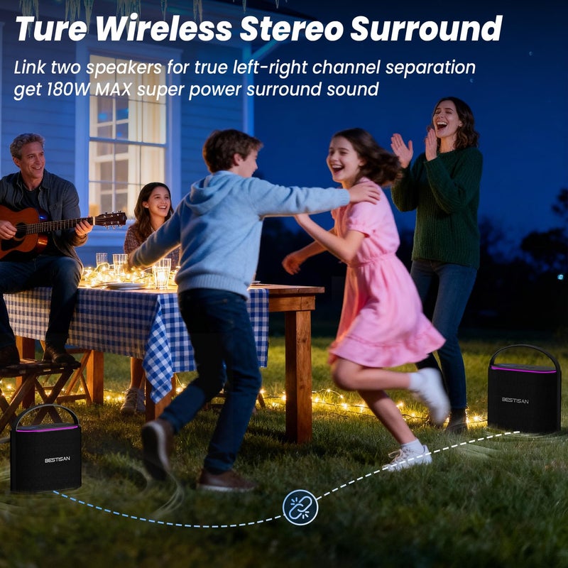 BESTISAN Bluetooth Speakers 2.1CH with 90W Max & 50W Subwoofer, Stereo Loud Sound, 7 RGB Lights, 15H Playtime, Hands-Free Calling, TWS, Portable for Outdoor Party, Camping, Travel, Garage, Workshop - Image 4
