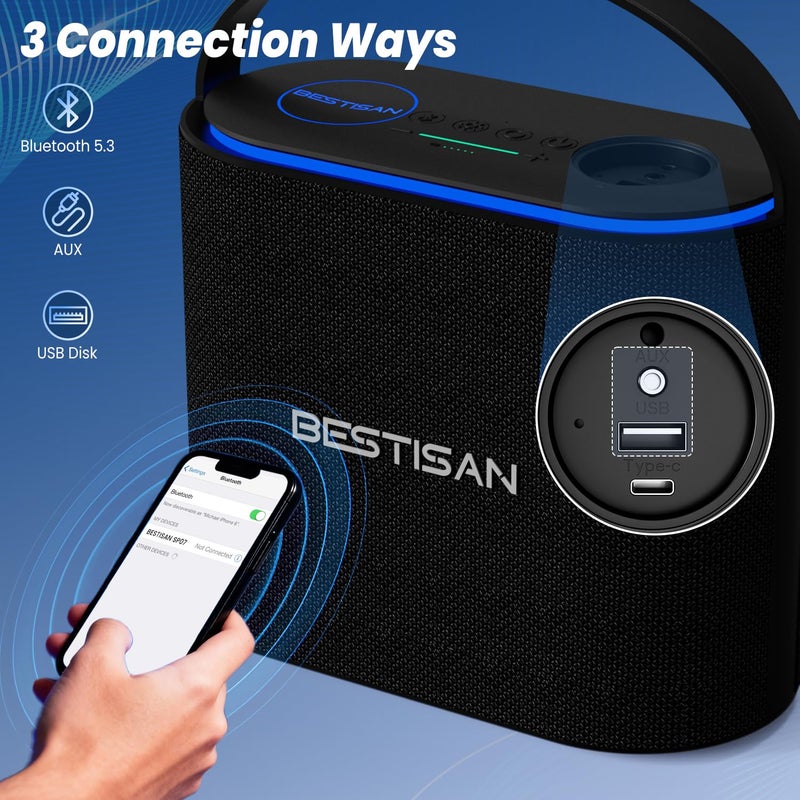 BESTISAN Bluetooth Speakers 2.1CH with 90W Max & 50W Subwoofer, Stereo Loud Sound, 7 RGB Lights, 15H Playtime, Hands-Free Calling, TWS, Portable for Outdoor Party, Camping, Travel, Garage, Workshop - Image 5